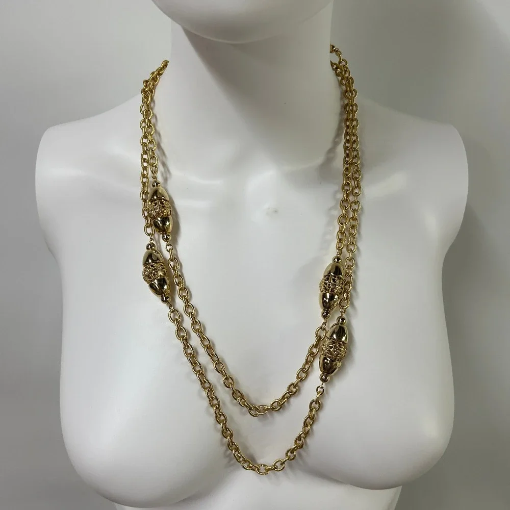 Vintage Gold Filigree Station Long Chain Necklace OS Gold Regencycore Elegant